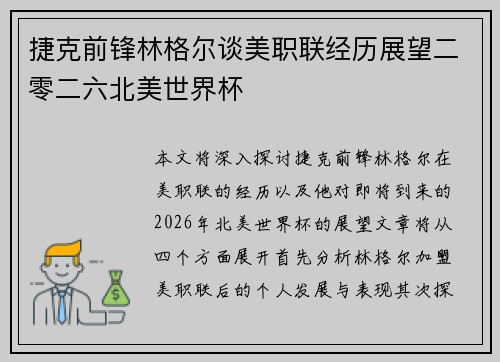捷克前锋林格尔谈美职联经历展望二零二六北美世界杯 捷克前锋林格尔谈美职联经历展望二零二六北美世界杯